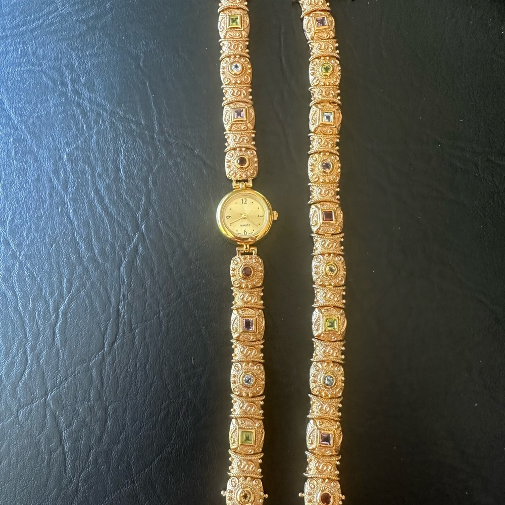 Vtg.Etruscan Panel Bracelet & Watch Set 925 Silver Multi Color Gemstones